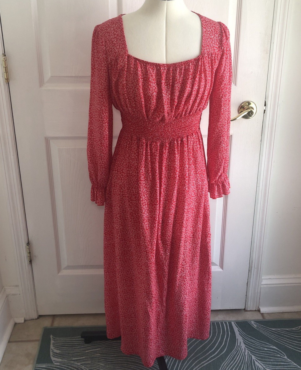 Womens Med midi dress Red ditsy floral long sleeve boho peasant Prairie coquette